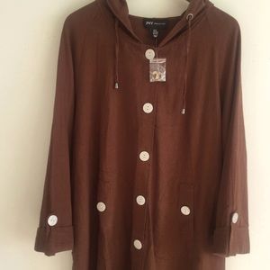 JONES NEW YORK CHOCOLATE BROWN HOODED HOODIE LONG JACKET LINEN VISCOSE 2X NWT